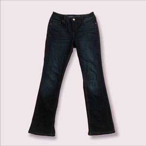 dark wash mid rise stretchy so fun skinny flare jeans by maurice’s size 6 petite